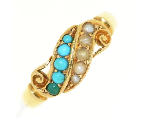 A Victorian split pearl and turquoise ring, in gold marked 18ct, 3g, size O  Good condition. Note one turquoise probably repl