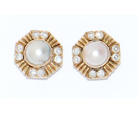 A pair of diamond and cultured pearl&nbsp; ear studs,&nbsp; of octagonal form, in gold, 13 x 13mm, unmarked, 6.2g`  Good seco