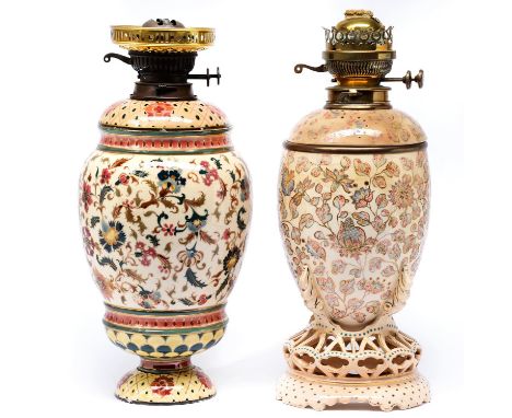 A Zsolnay oil lamp and base, late 19th c, decorated with stylised flowers, 38cm h, impressed and printed marks and a contempo