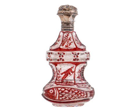 A French silver mounted ruby flashed and cut glass scent bottle, mid 19th c, 11cm hCondition report - Missing internal stoppe