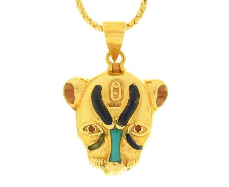 An Egyptian gold and enamel mask pendant, 22mm, control mark and a gold necklet, marked 750, 5.3g  Good condition