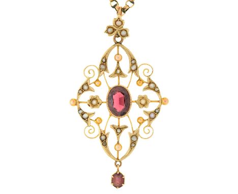 An amethyst and split pearl openwork pendant, early 20th c, in gold marked 9ct, 47mm, on gold necklet, 5.6g  Complete, good c