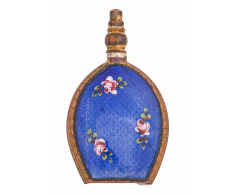 A Continental giltmetal and blue guilloche enamel scent flask, early 20th c, of arched form, the front painted with three ros