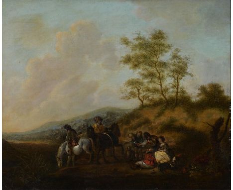 Follower of Philips Wouwerman - Cavaliers and a Woman in a Landscape, oil on canvas, 46.5 x 56cm, parcel gilt burr walnut ven