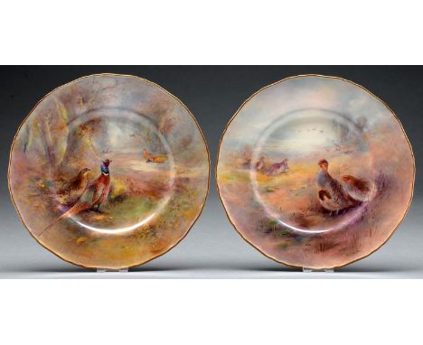 A pair of Royal Worcester plates, 1941, painted by Jas Stinton, both signed, with game birds, the rim gilt, 27cm diam, blue p