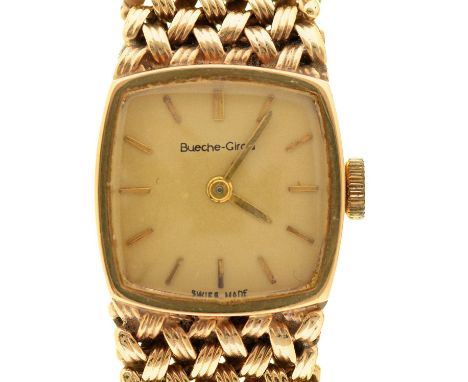 A Beuche-Girod 9ct gold cushion shaped lady's wristwatch, 17 x 17mm, gold mesh bracelet and engraved clasp, London 1977, 29.4
