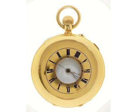 An English 18ct gold half hunting cased keyless lever watch, S Goodman, Manchester, centre seconds with stopwork, three quart