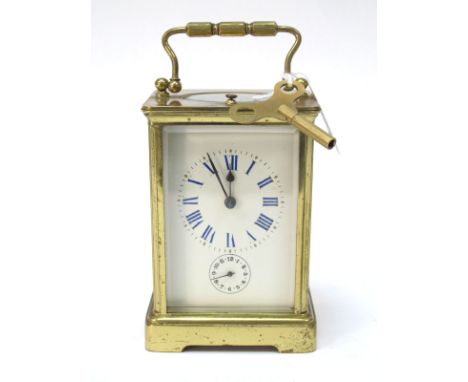 A Mid XX Century Brass Cased Repeater Carriage Clock, the white enamel dial with both Roman and Arabic numerals in blue and g