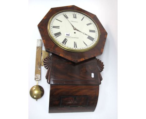 A Late XIX Century Drop Bottom Wall Clock, in an inlaid mahogany case, with thirty-hour movement, the white enamel dial with 