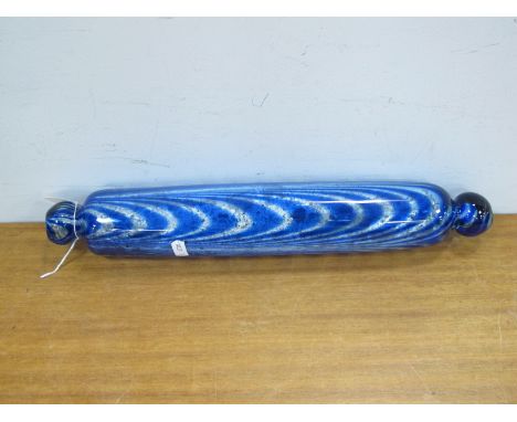 A Late XIX Century Nailsea Glass Rolling Pin, the clear ground with blue trailing decoration, 43cm long.