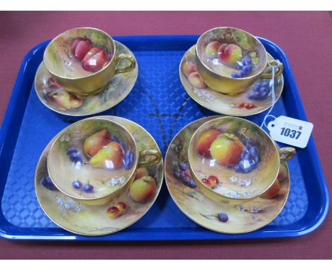 Four Royal Worcester Tea Cups and Saucers, painted by Ricketts and W.H. Austin, signed, with ripening fruit on mossy woodland
