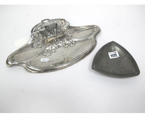 A WMF Pewter Art Nouveau Inkstand, of quatrefoil shape cast with sinuous berries and foliage, glass ink bottle, inscribed and