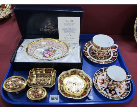 A Collection of Royal Crown Derby Porcelain Imari Ware, to include; two oval trinket boxes and covers, rectangular pin tray, 