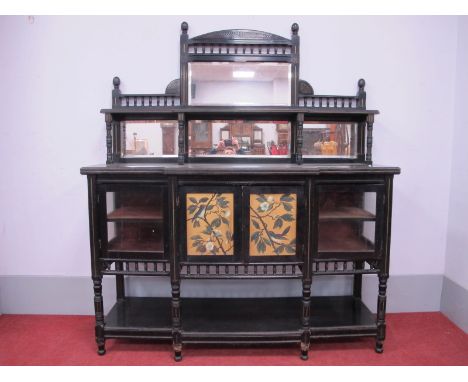 A XIX Century Ebonised Sideboard, by Woof-Whittaker, the top with rectangular mirror, shelf with four turned supports, the br