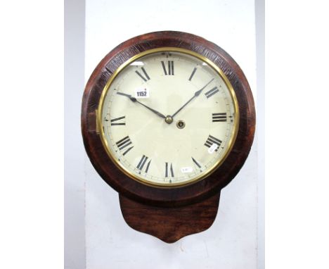 A Late XIX Century Wall Clock, in a stained mahogany case, with thirty-hour movement, the white enamel dial with Roman numera