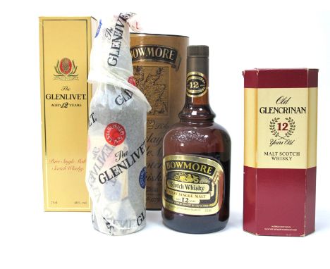 Whisky - The Glenlivet Pure Single Malt Scotch Whisky Aged 12 Years, 75cl, 40% Vol, in carton; Bowmore Islay Single Malt Scot