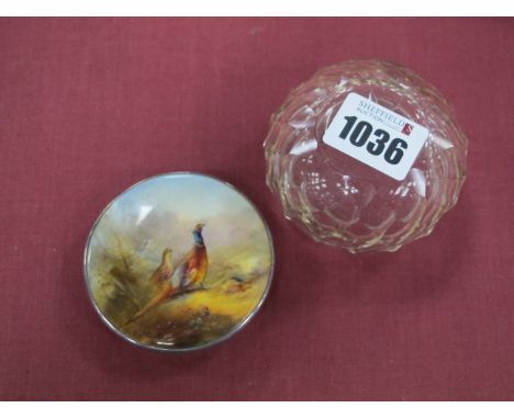 A Cut Glass Dressing Table Jar with Silver Cover, hallmarked for Birmingham 1929, inset with a Royal Worcester plaque painted