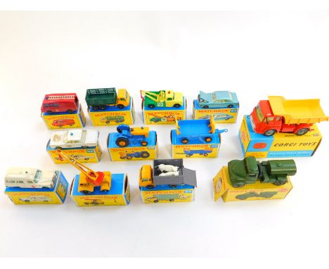 Lesney Matchbox die cast vehicles, boxed, comprising a jumbo crane, 11, hay trailer 40, Ford tractor 39, Land Rover fire truc