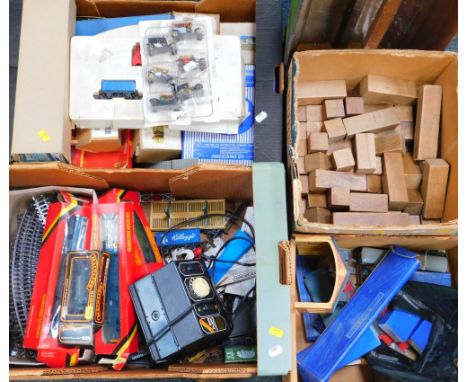 Hornby OO gauge, including a diesel locomotive, Great Western tank engine, coaches, wagons, buildings, power control unit, tr