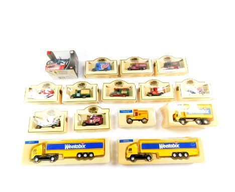 Four Corgi die cast Weetabix lorries, vintage trucks, Lledo vintage die cast trucks and a Roadsterz quad bike. (15)
