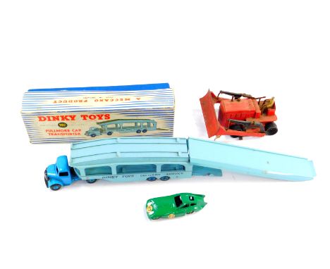 A Dinky toys diecast Pullmore car transporter, number 1982, together with a loading ramp, 994, Bristol 450 sports coupe 163, 