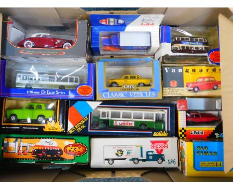 Solido Polistil Vanguard and other die cast motor cars, buses, lorries and vintage vehicles, all boxed. (a quantity)