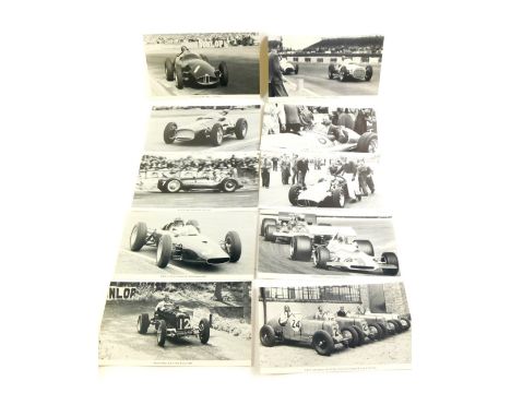 Ten BRM and ERA black and white photo cards, showing Raymond Mays, Graham Hill and others. 