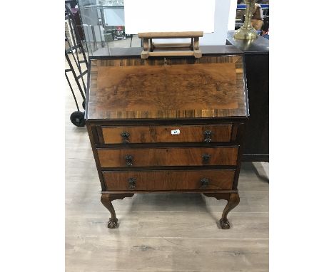 VINTAGE WALNUT VENEER BUREAU ON CLAW &amp; BALL FEET