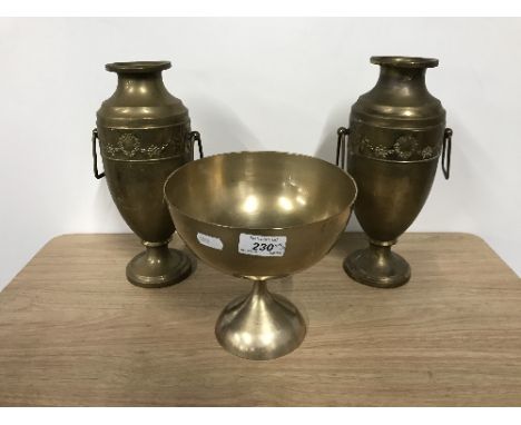 PAIR VINTAGE BRASS VASES &amp; BOWL