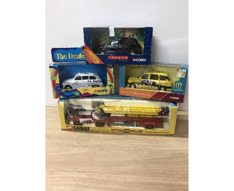 VINTAGE CORGI MAJOR AERIAL RESCUE TRUCK CORGI BEATLES TAXI CORGI 2002 MANCHESTER TAXI &amp; CORGI LONDON SCENE TAXI (ALL BOXE