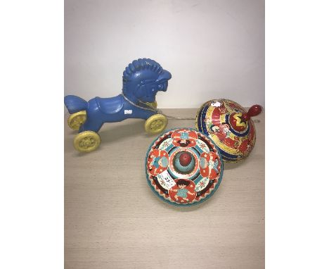 2 X VINTAGE SPINNING TOPS BY CHAD VALLEY &amp; PULL ALONG HORSE