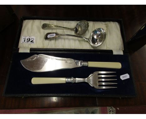 Boxed fish knife & fork & 2 small ladles