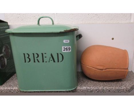 Enamel bread bin & clay roasting pot