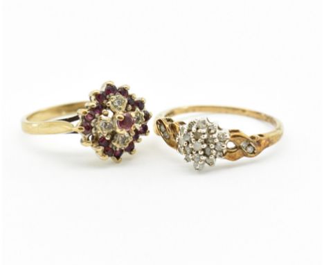 Two 9ct gold cluster rings. A diamond cluster ring having a central diamond cluster with pierced diamond set shoulders. Weigh