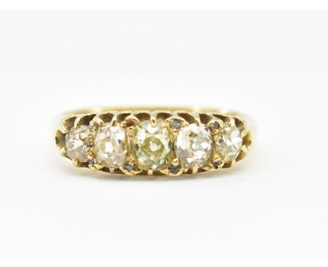 A 19th Century Victorian hallmarked 18ct gold and diamond five stone ring. The ring being set with five faceted oval diamonds