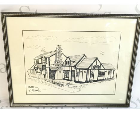 A framed sketch of local interest The Rabbits pub in Stapleford Essex. This lot cannot be posted