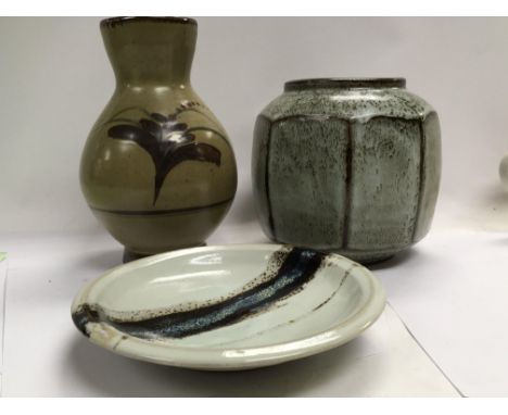 Two David Leach stone ware vases 22 cm 18 cm and a shallow grey glazzed dish