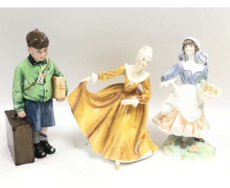 Porcelain figures including Royal Doulton The Boy Evacuee HN3202 and Kristy HN2381, a Royal Worcester Old Country Ways figure