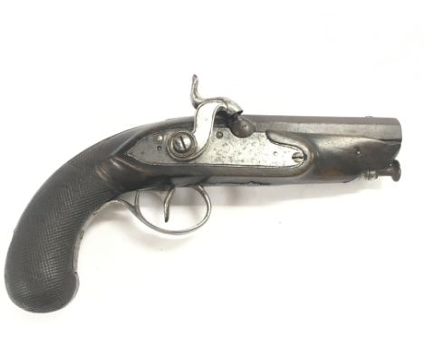 An overcoat pistol, percussion 3 1/2 barrel. With steel ramrod, plain lock. Believed to be a French or Belgian 16 bore pistol