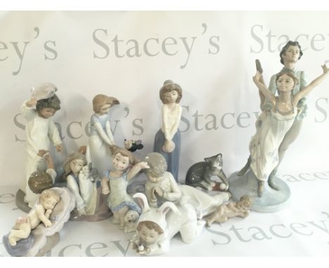 A Collection of Lladro and Nao porcelain figures, some damage. 5 to 32cm tall. This lot cannot be posted
