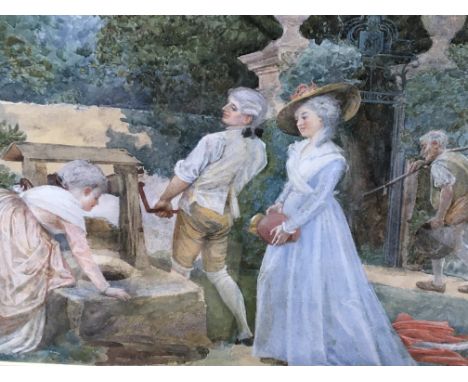 A Quality Watercolour study of figures in a landscaped garden by a water well. Signed lower right T R Lamont. Thomas Reynolds