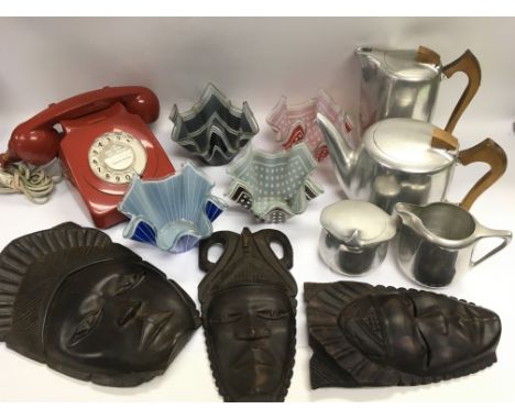 A collection of oddments comprising a red rotary dial telephone, four piece Piicquot ware tea set, glass handkerchief dishes 