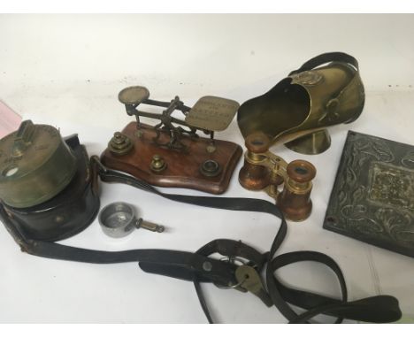 A collection of items comprising a set of brass beam balance postal scales with weights a British made Dent of London brass c