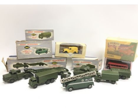 A collection of vintage boxed Dinky Supertoys including 622 10- ton army truck, 969 BBC TV extending mast vehicle, 660 Tank T