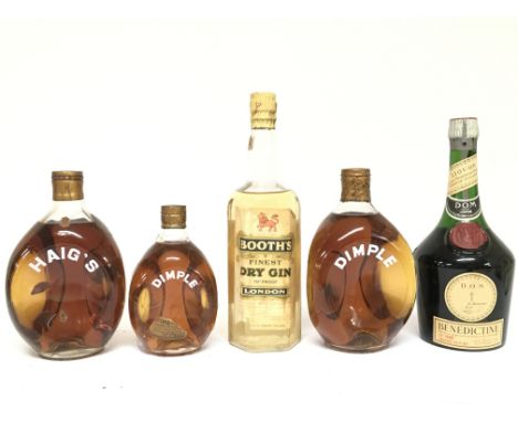 A collection of whiskeys including Booths gin, Haigs, Dimple, D.O.M benedictine. Mixed levels. This lot cannot be posted