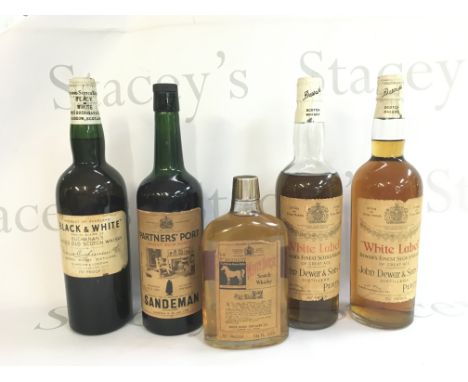 A collection of vintage whiskeys including Buchanans Black & White, Partners Port Sandeman, White Horse scotch, White Label D