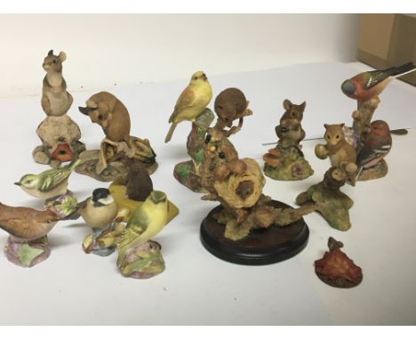 A collection of Worcester bird ornaments wren wood warbler and others and craft mouse figures. NO RESERVE