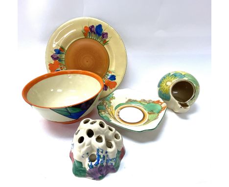 A small collection of Clarice Cliff pottery, some damage. (D) including a Grays pottery ashtray.