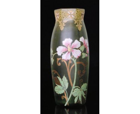 An early 20th Century French Art Nouveau glass vase by Mont Joye & Cie of fluted swollen cylindrical form with a hexagonal co