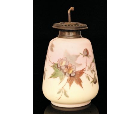A late 19th Century Thomas Webb & Sons Queens Burmese oil lamp, enamel decorated with a flowering bough over a graduated pale